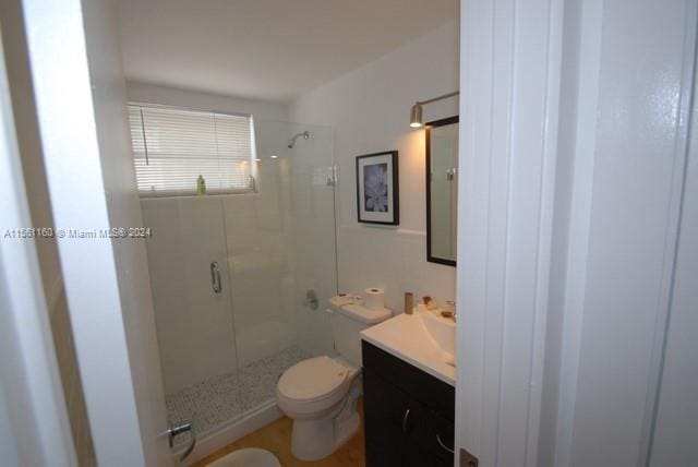 bathroom with walk in shower, toilet, and vanity