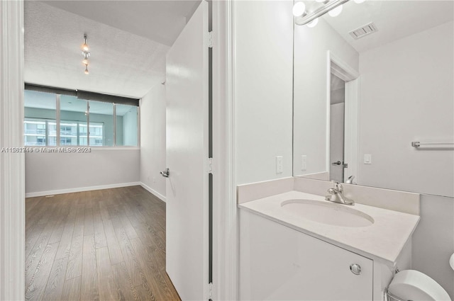 bathroom featuring vanity, a textured ceiling, wood-type flooring, and toilet