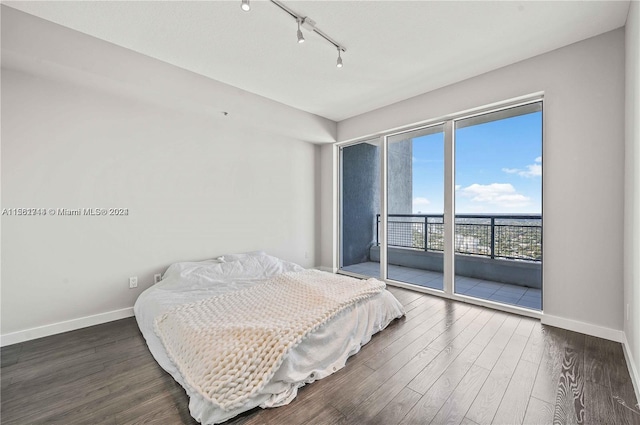 bedroom featuring access to exterior, track lighting, and dark wood-type flooring