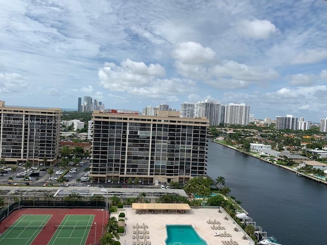 birds eye view of property featuring a water view