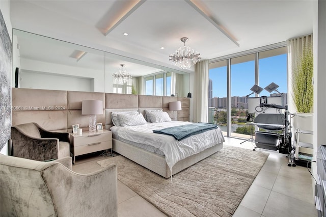 bedroom featuring a notable chandelier, light tile flooring, and access to exterior