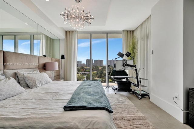 bedroom featuring access to exterior, an inviting chandelier, and light tile floors