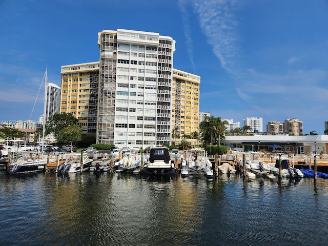 property view of water with a dock