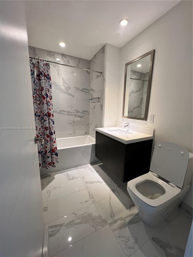 full bathroom featuring vanity, tile flooring, shower / bath combo with shower curtain, and toilet