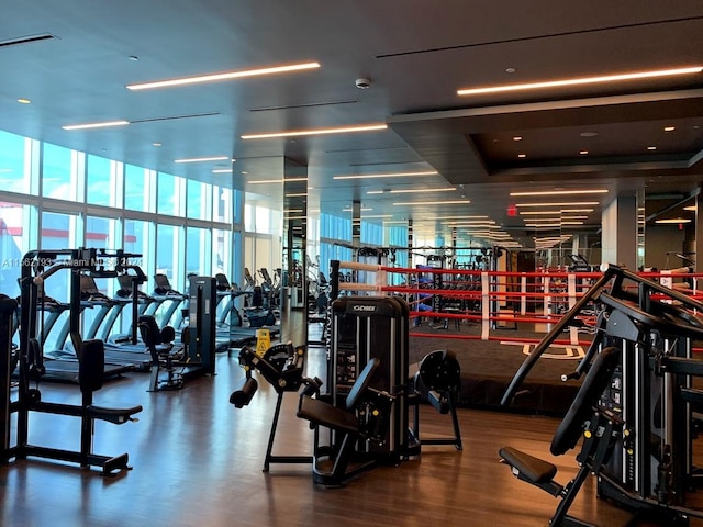 exercise room with a wall of windows and dark wood-type flooring