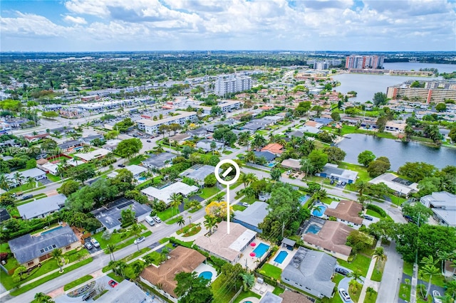 aerial view featuring a water view