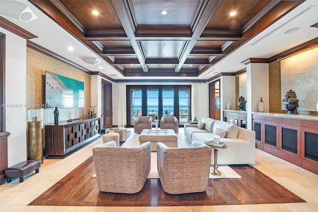 living room with crown molding, beam ceiling, coffered ceiling, and tile floors