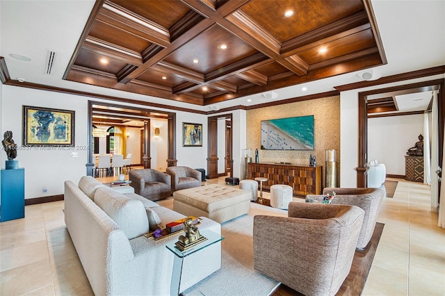 living room featuring light tile floors, ornamental molding, beamed ceiling, coffered ceiling, and ornate columns