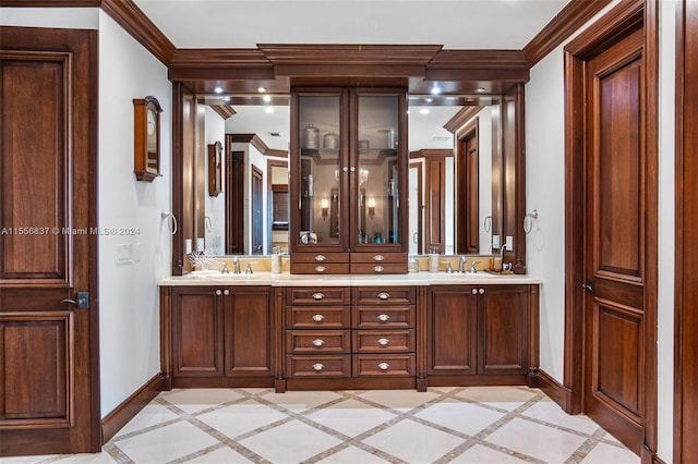 bathroom with crown molding, dual bowl vanity, and tile flooring