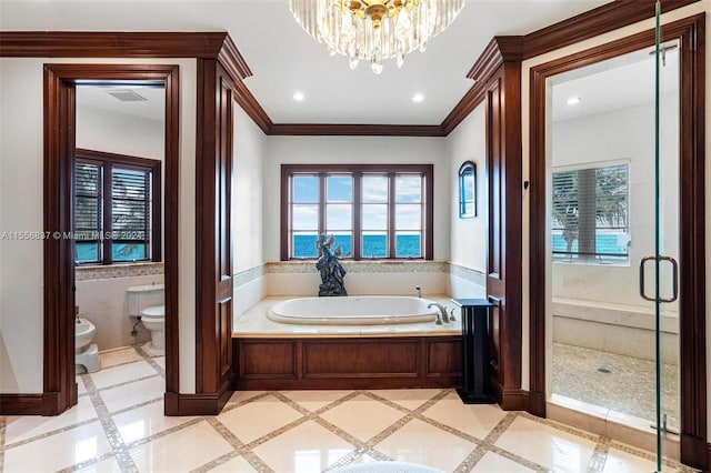 bathroom with a bidet, toilet, a healthy amount of sunlight, and tile floors