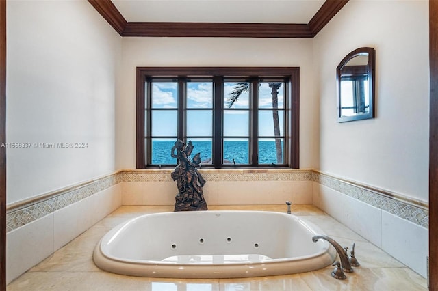 bathroom featuring crown molding and a water view