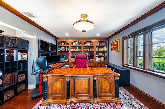 office featuring dark hardwood / wood-style floors and crown molding