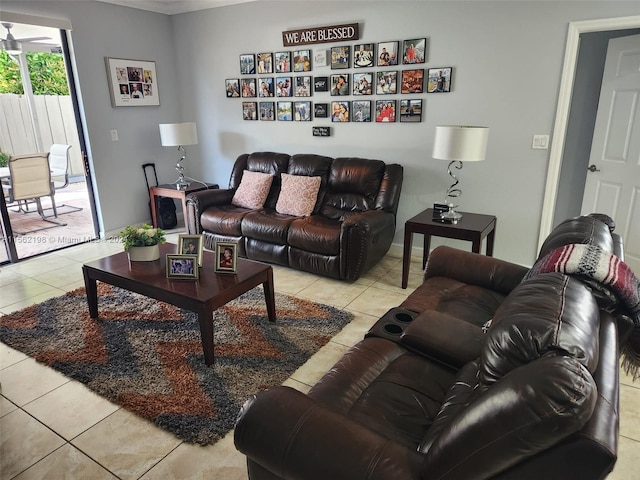 living room featuring light tile flooring