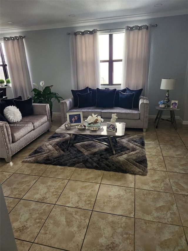 tiled living room with crown molding and a wealth of natural light