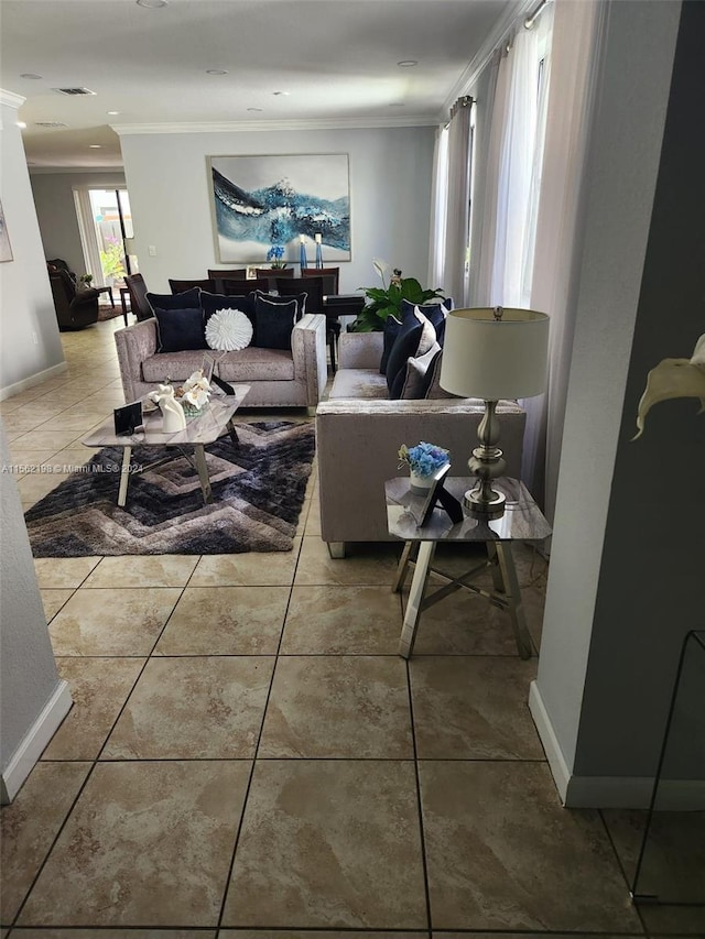 tiled living room featuring crown molding