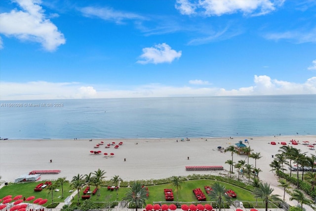 view of water feature with a beach view