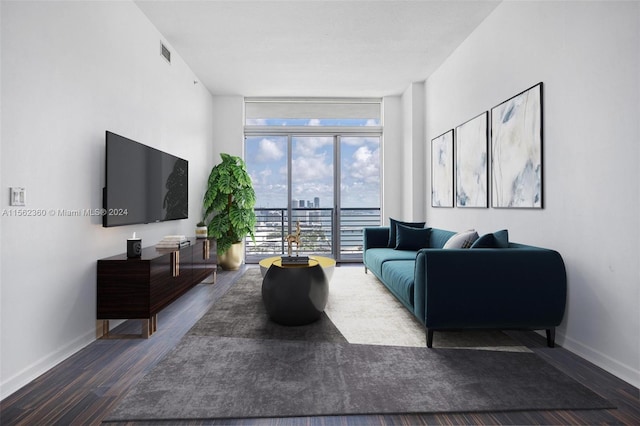 living room featuring floor to ceiling windows and dark hardwood / wood-style flooring