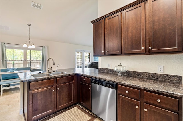 kitchen with light tile flooring, dishwasher, sink, kitchen peninsula, and a chandelier