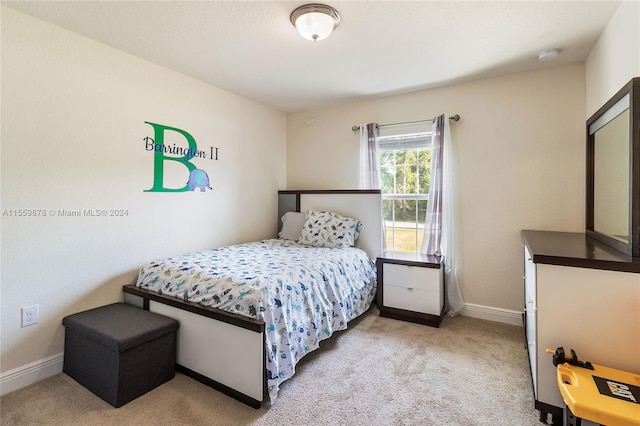 bedroom with light colored carpet