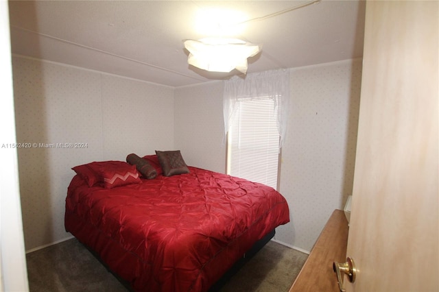 bedroom featuring dark colored carpet