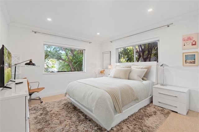 carpeted bedroom with multiple windows and crown molding