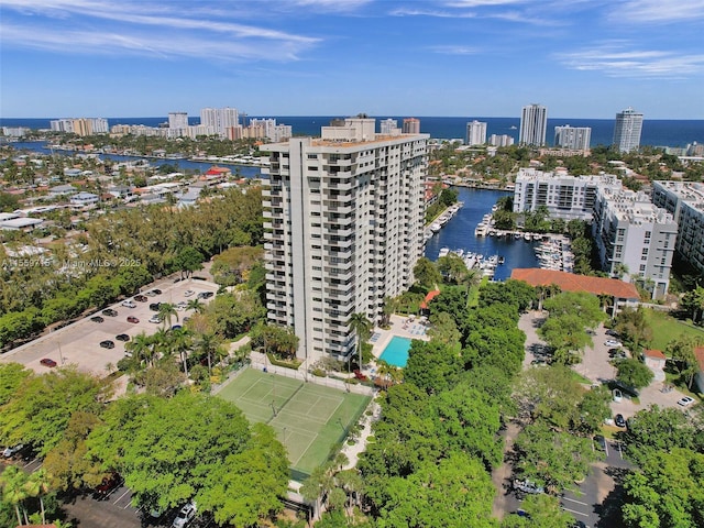 bird's eye view with a water view