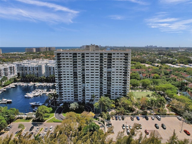 bird's eye view with a water view