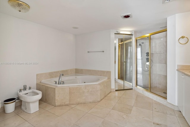 bathroom featuring a bidet, tile patterned floors, vanity, and separate shower and tub