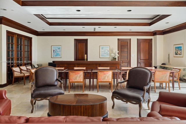 tiled living room with a tray ceiling