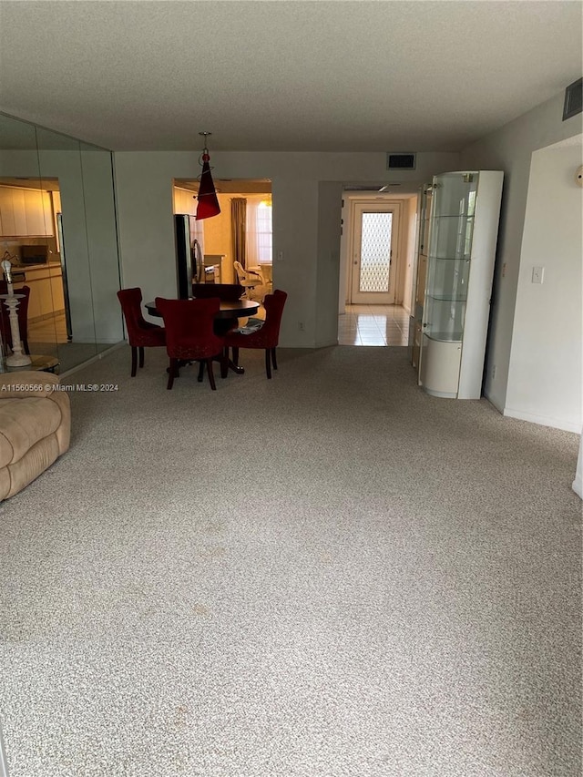 carpeted living room with a textured ceiling