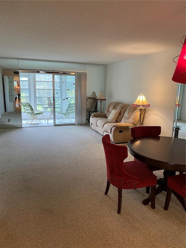 carpeted living room with a textured ceiling