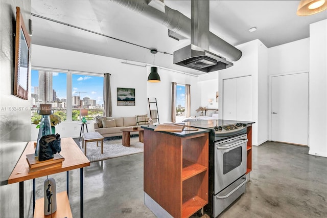 kitchen with pendant lighting, a kitchen island, island range hood, and stainless steel range with electric cooktop