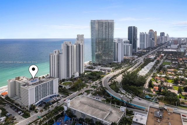 aerial view featuring a water view and a view of the beach