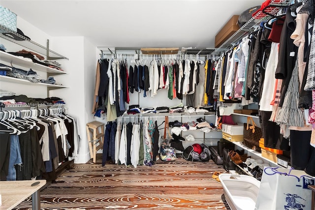 spacious closet featuring dark hardwood / wood-style floors