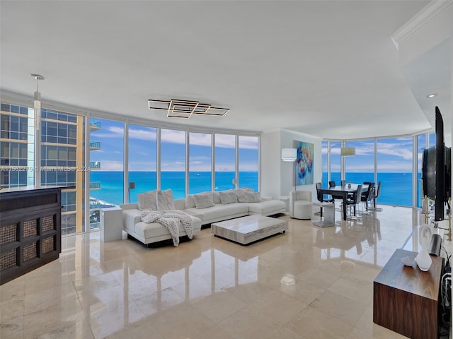 living room featuring a water view, expansive windows, ornamental molding, and light tile floors