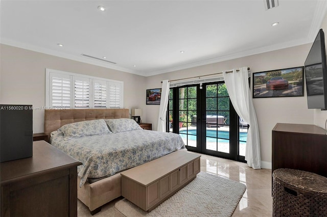 bedroom featuring ornamental molding, french doors, light tile floors, and access to outside