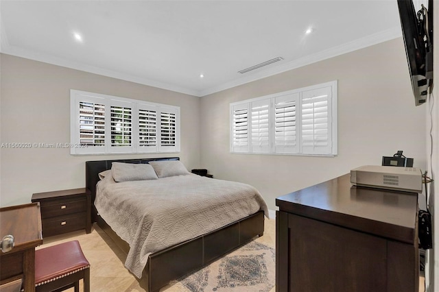 bedroom with crown molding and light tile floors