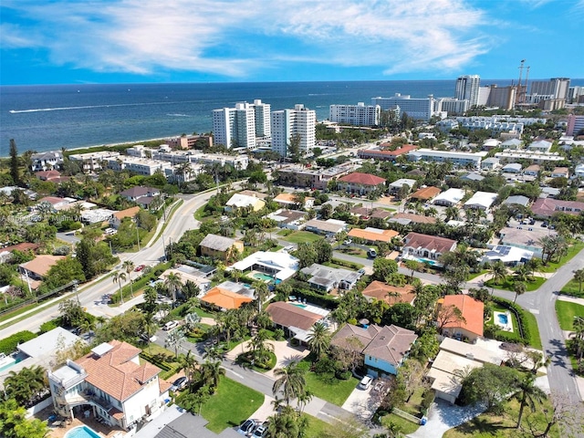 aerial view featuring a water view