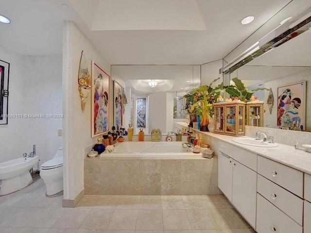 bathroom featuring a relaxing tiled bath, a bidet, toilet, tile flooring, and large vanity