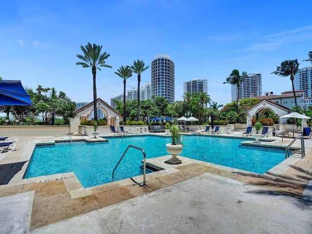 view of swimming pool with a patio