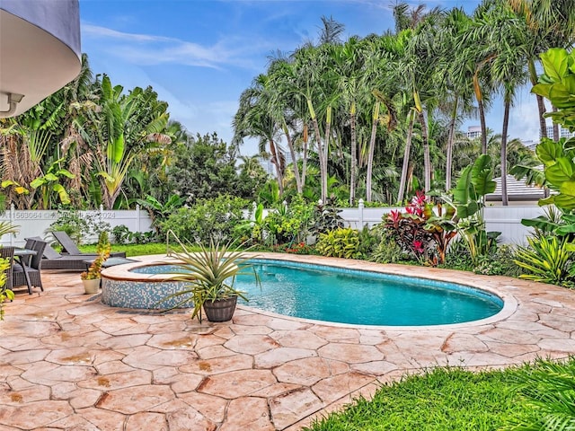 view of swimming pool featuring a patio and an in ground hot tub