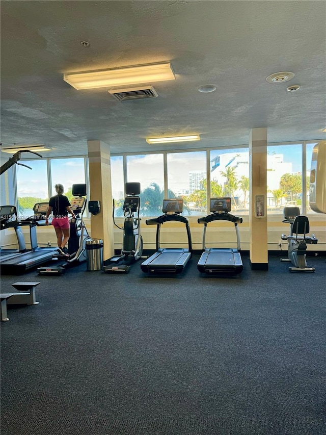 workout area with a wealth of natural light and a textured ceiling