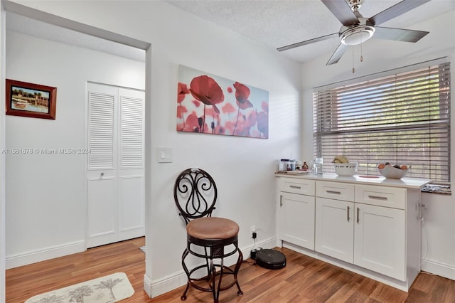 kitchen with white cabinets, light hardwood / wood-style floors, and ceiling fan