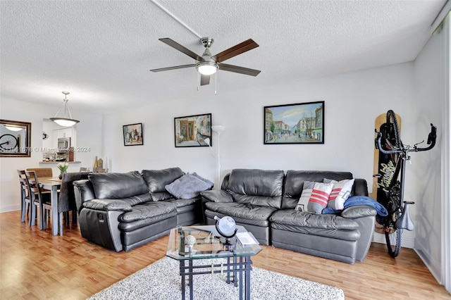 living room featuring ceiling fan, light hardwood / wood-style floors, and a textured ceiling