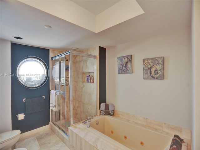 bathroom with independent shower and bath, toilet, and tile floors