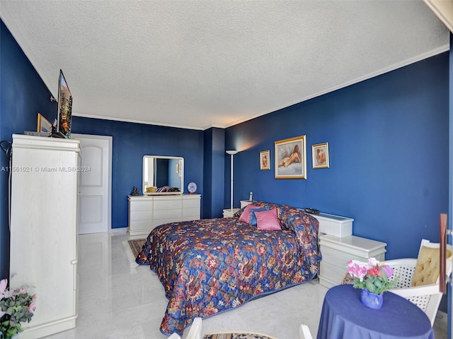 tiled bedroom with a textured ceiling