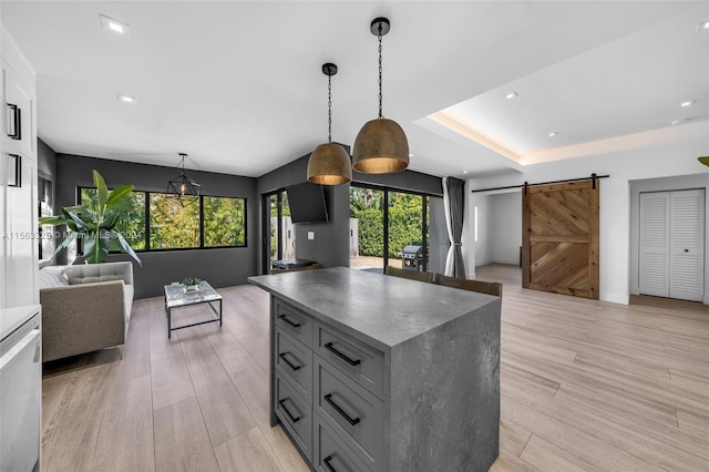 kitchen featuring a tray ceiling, light hardwood / wood-style flooring, hanging light fixtures, and a barn door