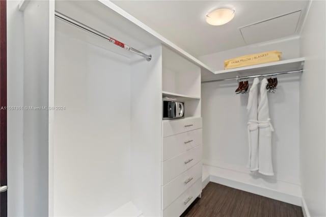 walk in closet with dark hardwood / wood-style flooring