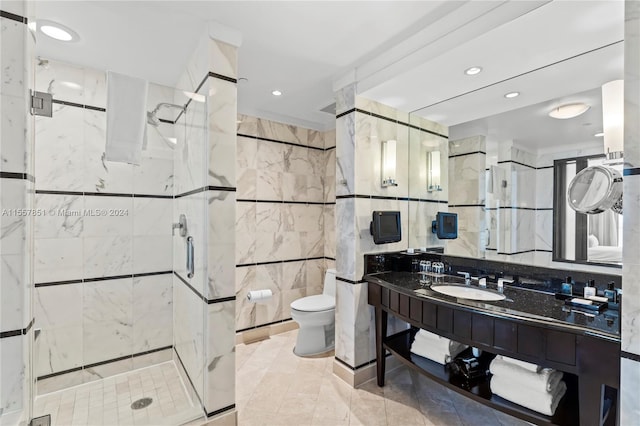 bathroom with walk in shower, tile walls, toilet, and tile floors