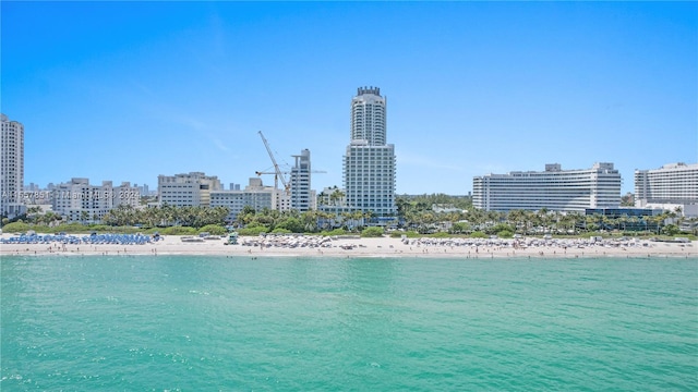 view of water feature with a beach view